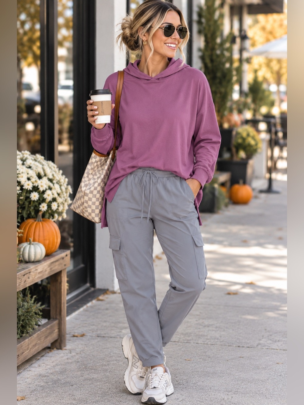 Rachel Zoe Mauve Pullover Hoodie with Light Gray Cargo Joggers